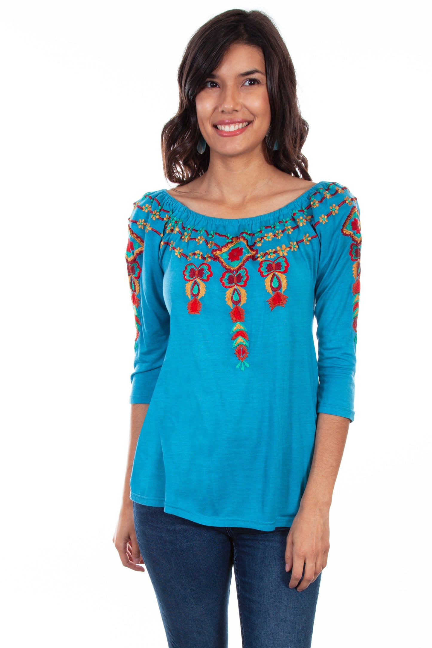 3/4 Sleeve Peasant Top W/emb. - HC600