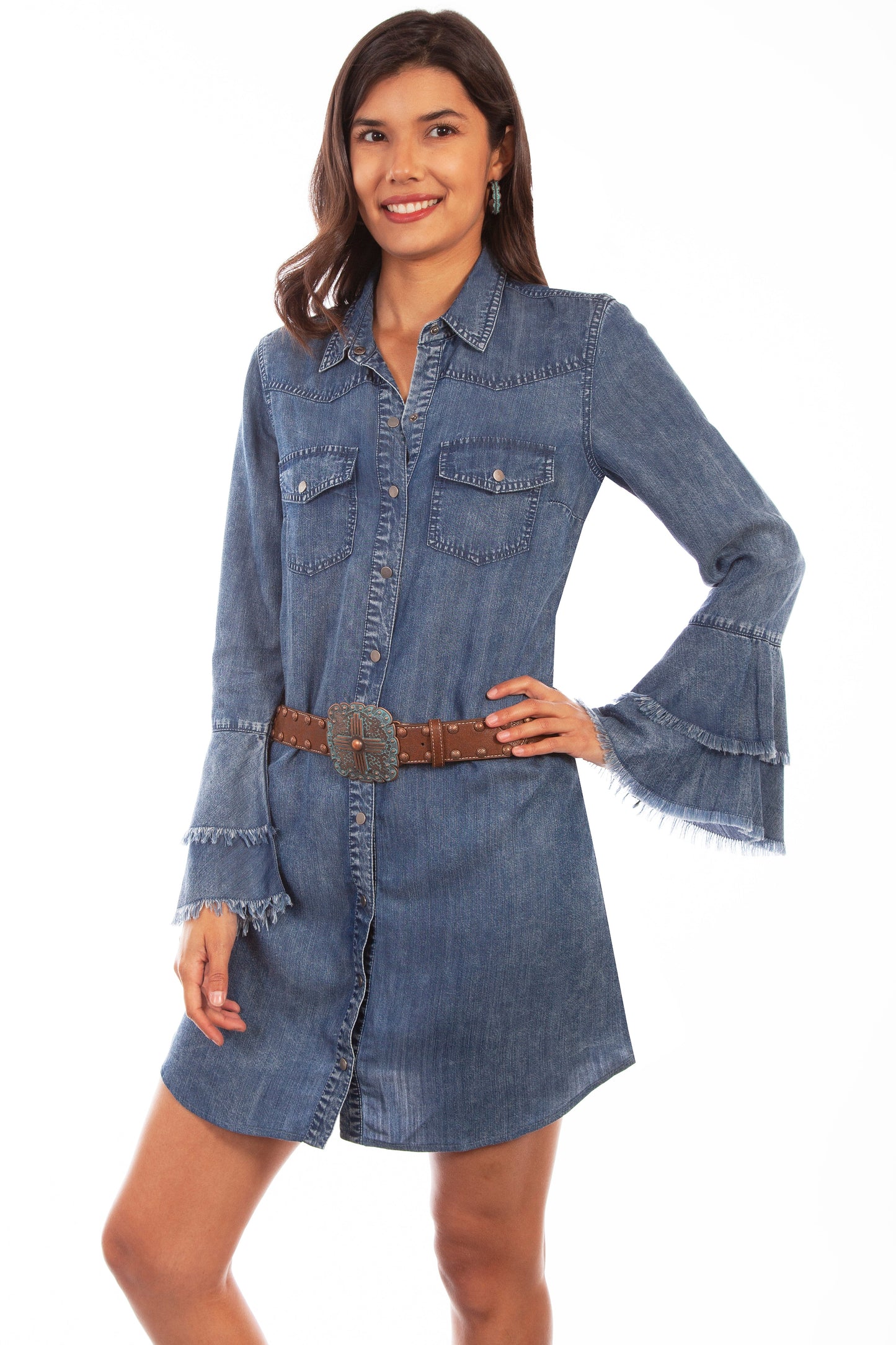 Western Yoke Shirt Dress Bell Sleeve - HC619
