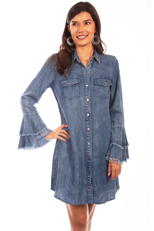 Western Yoke Shirt Dress Bell Sleeve - HC619