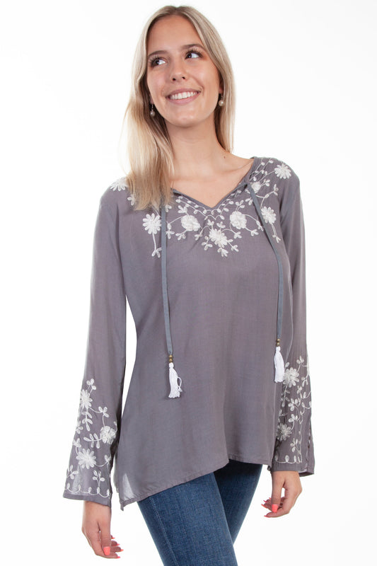 Emb Front/sleeves Tie Front Blouse - HC625