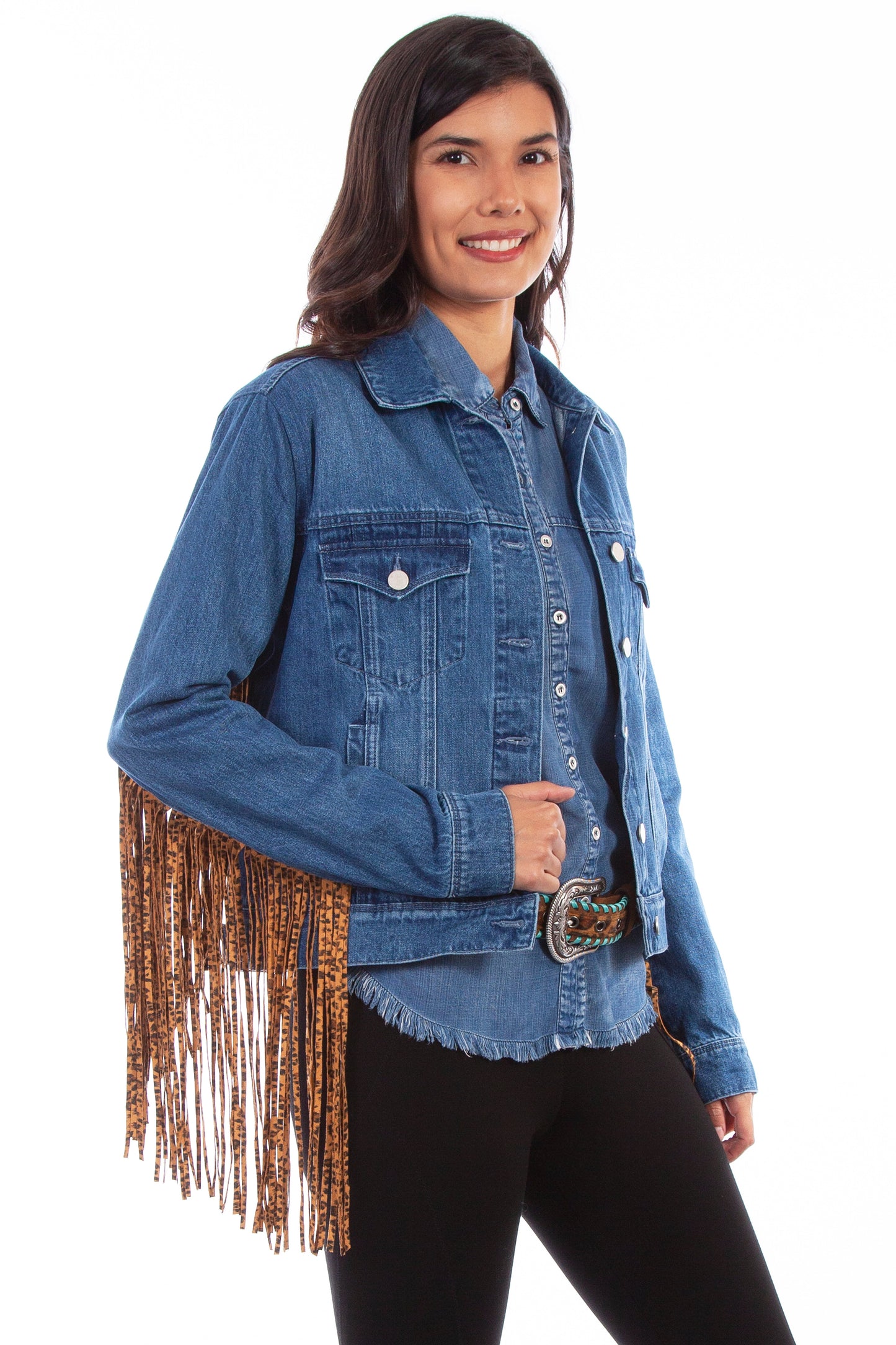 Denim Jacket W/leopard Fringe - HC647