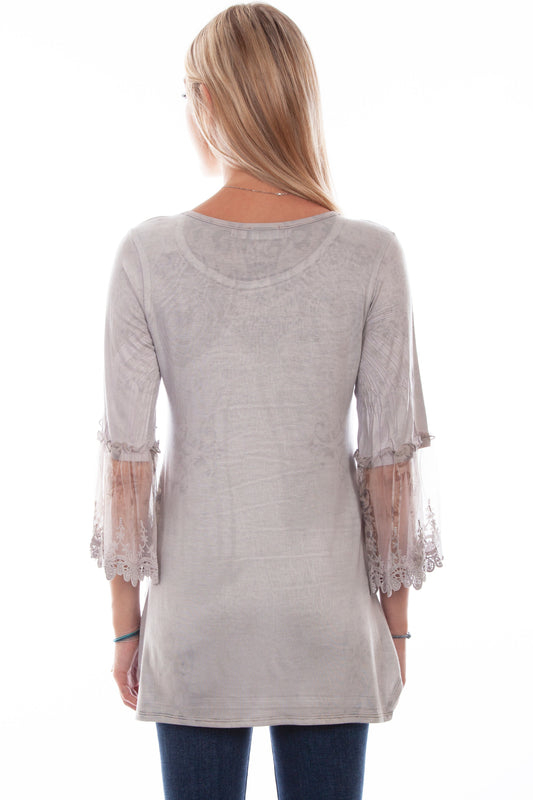 Printed Top W/tulle Crochet Sleeve - HC756
