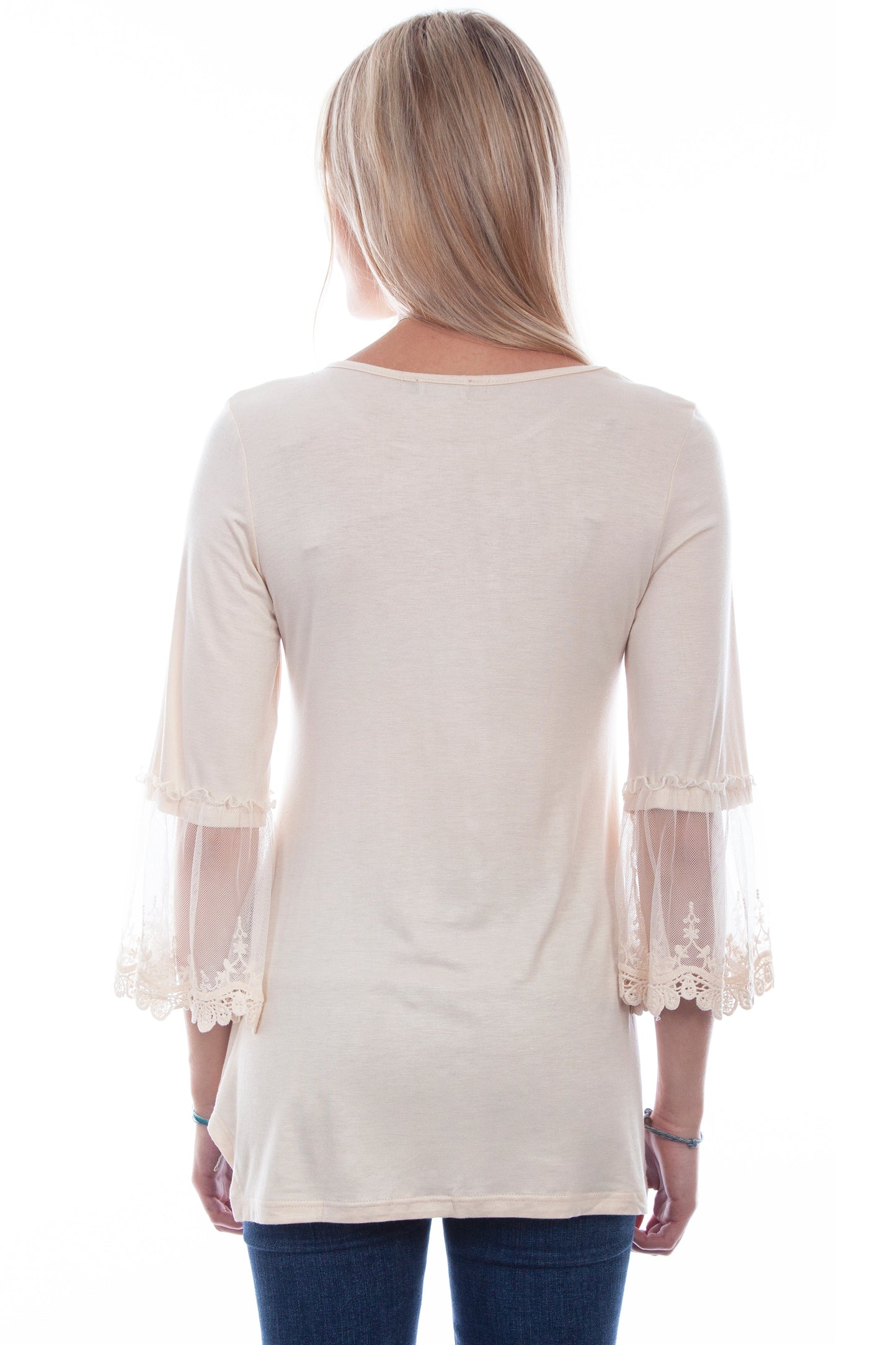 Solid Top W/tulle Crochet Sleeves - HC757