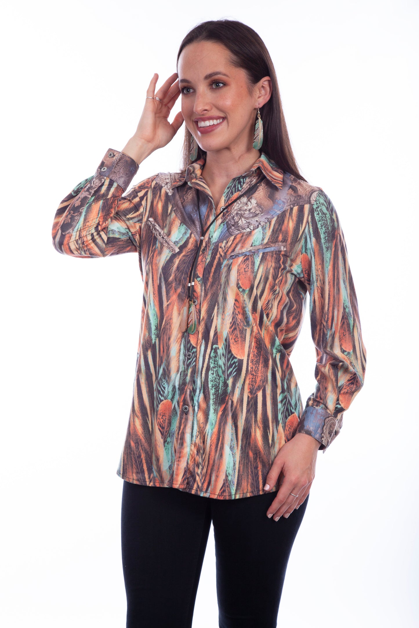 Button Front Microfiber Print Blouse - HC833
