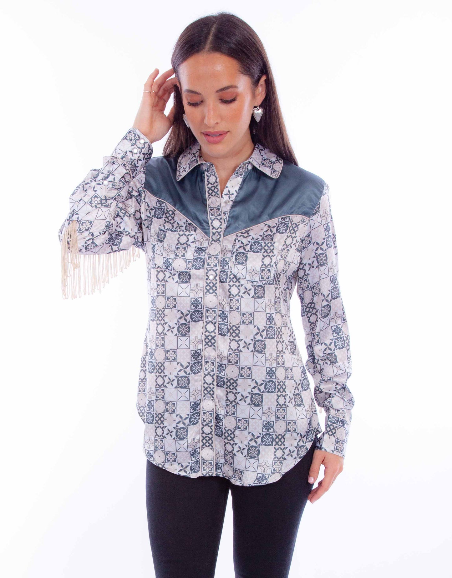 Print Blouse W/back Fringe - HC866