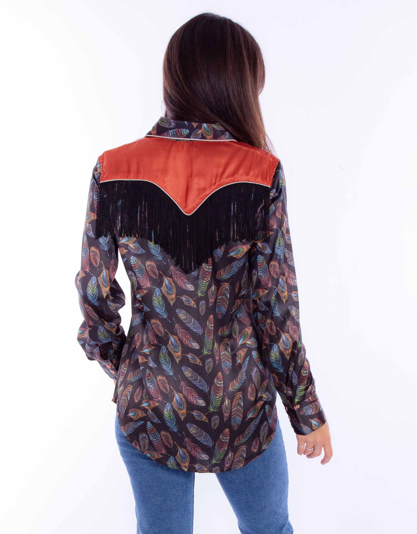 Feather Print W/fringe & Cont. Yoke - HC871