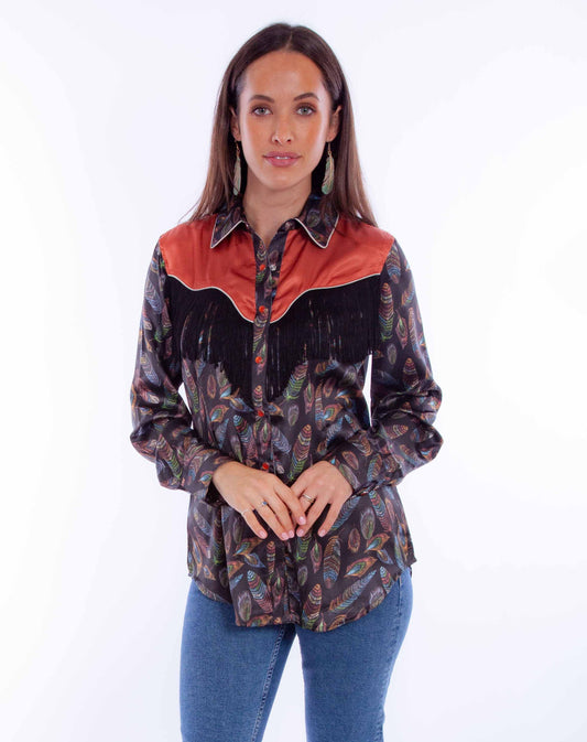 Feather Print W/fringe & Cont. Yoke - HC871
