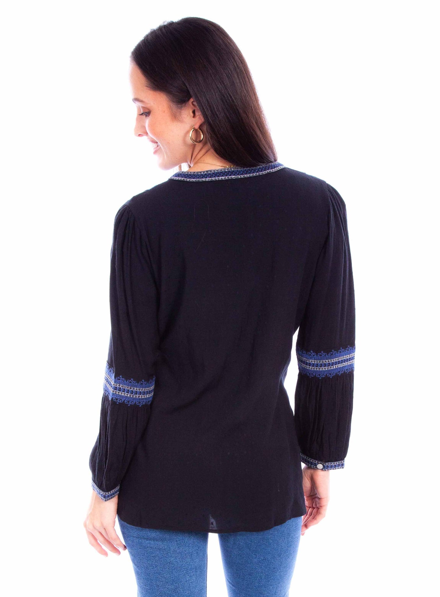 Tie Front Emb Blouse W/emb Sleeves - HC879