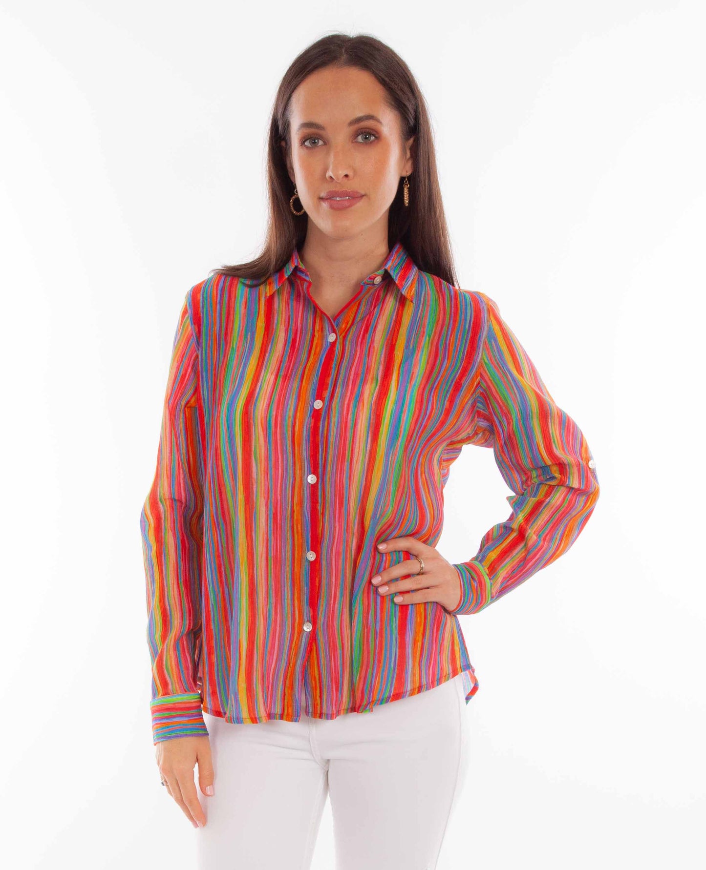 Colorful Stripe Print Button Up Blou - HC888