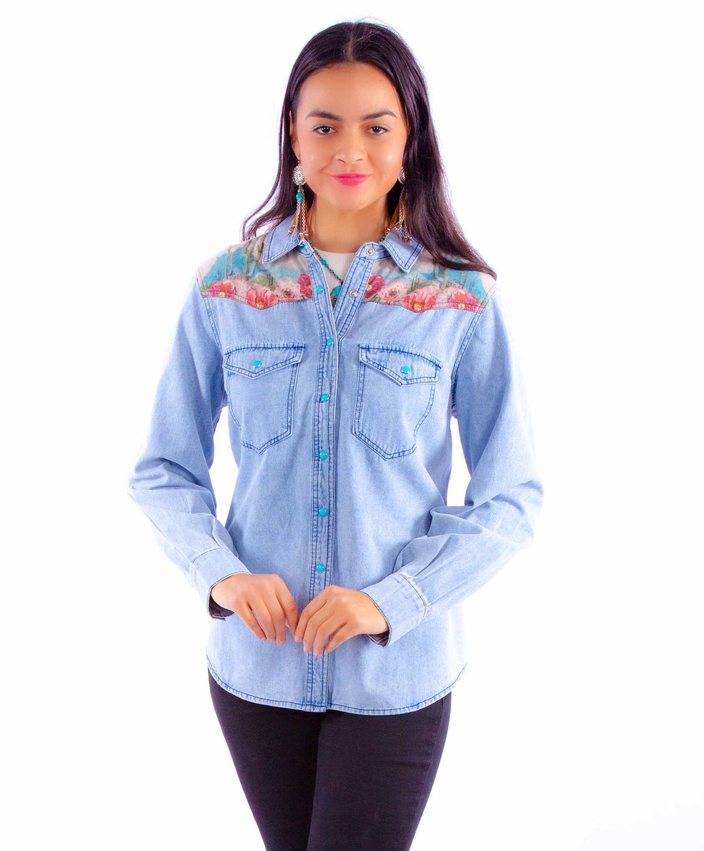 Cactus Print Denim Top - HC901