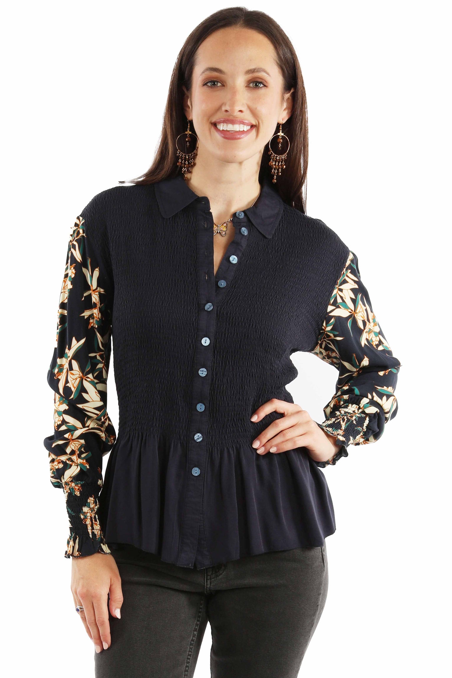 Peplum Blouse Smocked Bodice - HC911