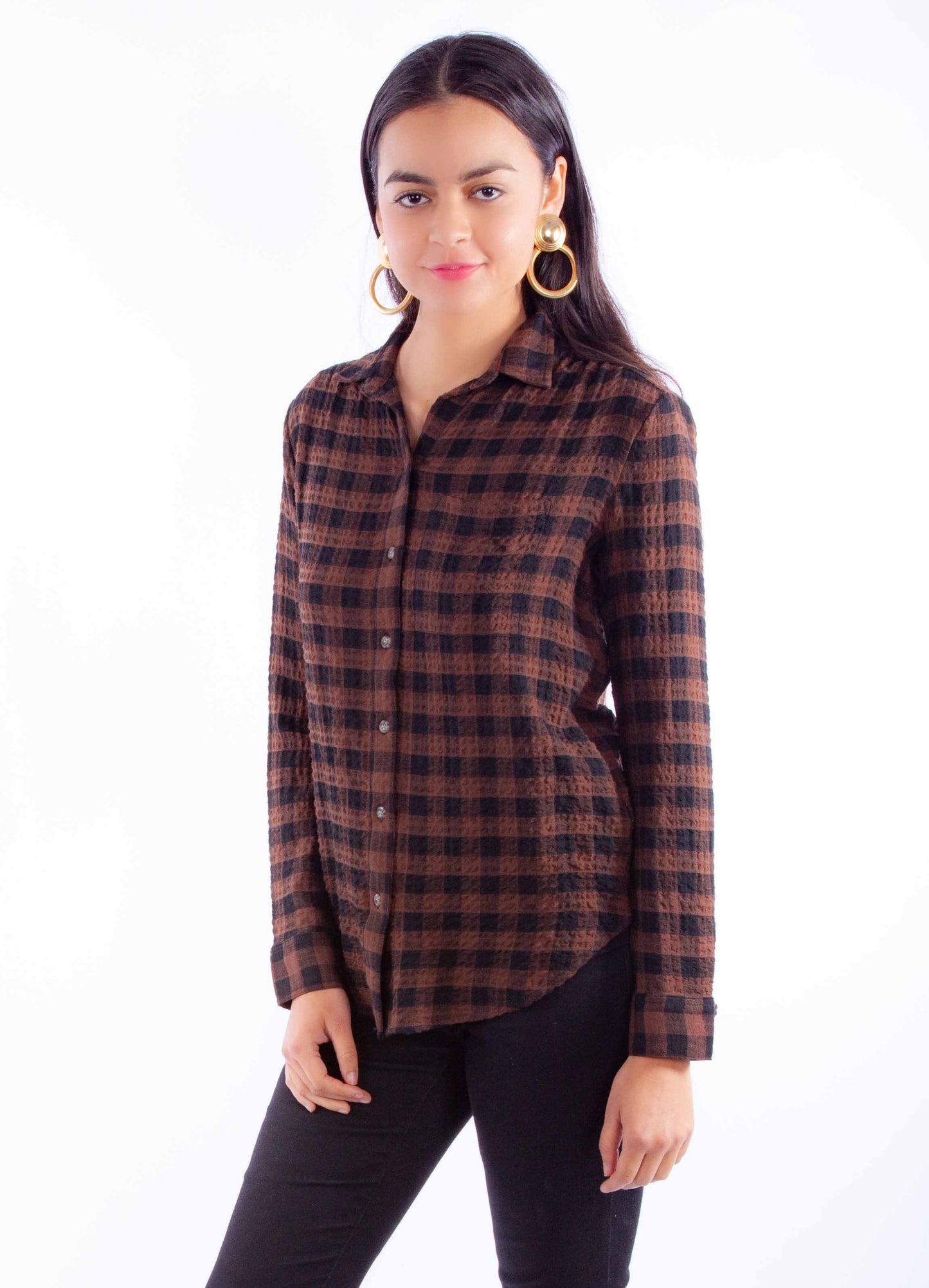 Ladies Plaid Button Up Top - HC920