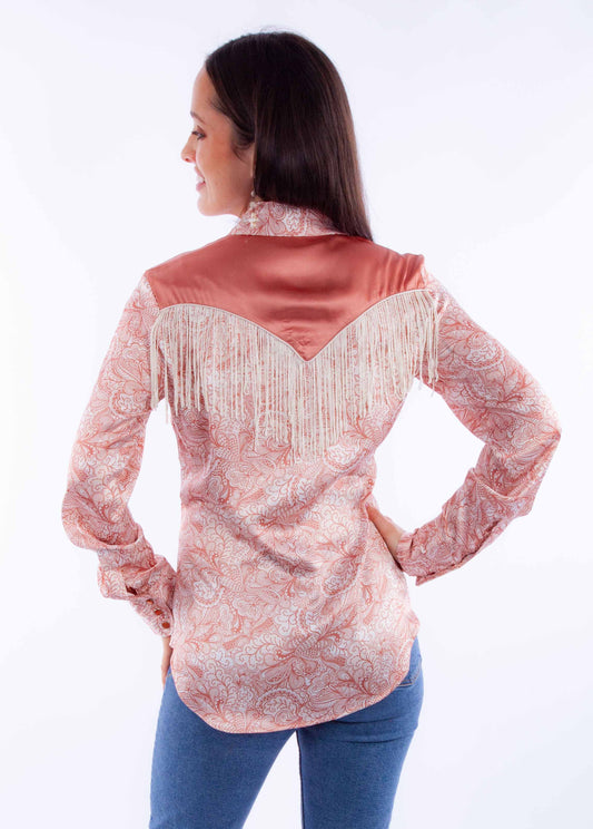 Print Blouse W/solid Yokes & Fringe - HC928