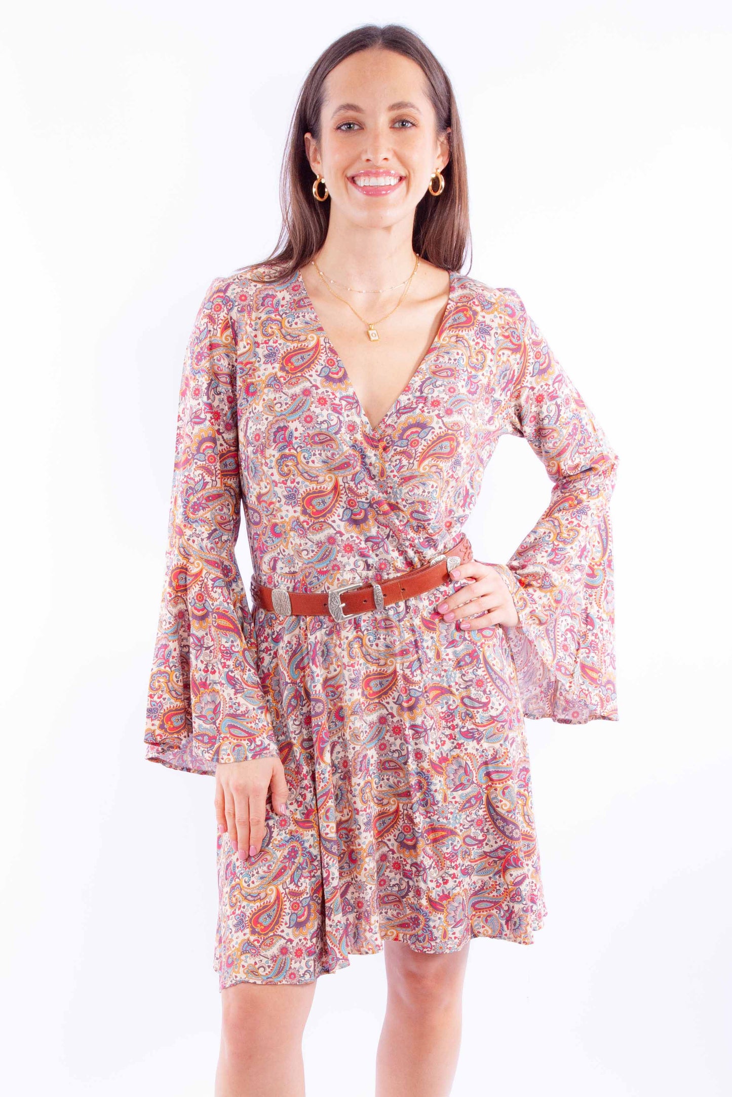 Paisley Print Dress W/bell Sleeves - HC930