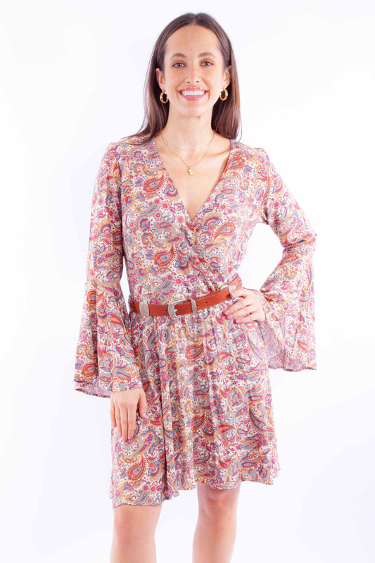 Paisley Print Dress W/bell Sleeves - HC930