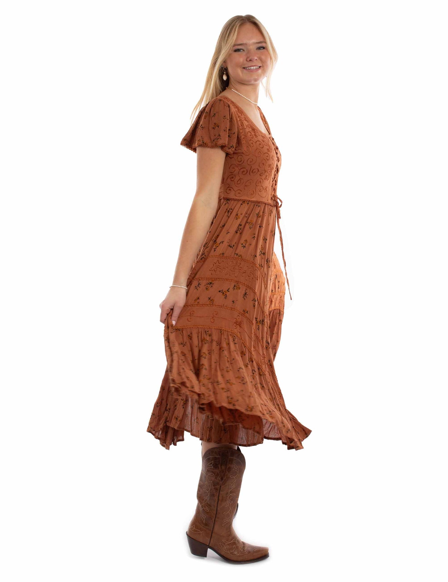 Capsleeve Printed Lace Front Dress - HC959