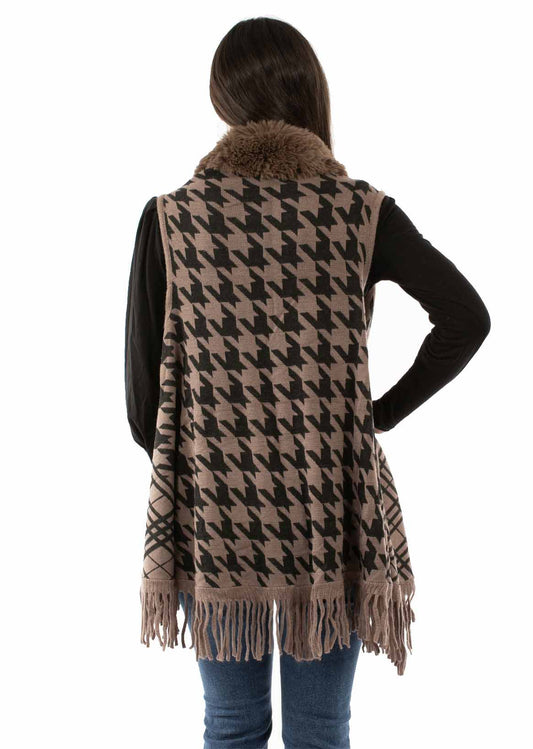 Houndstooth Faux Fur Trim Cardigan - HC968