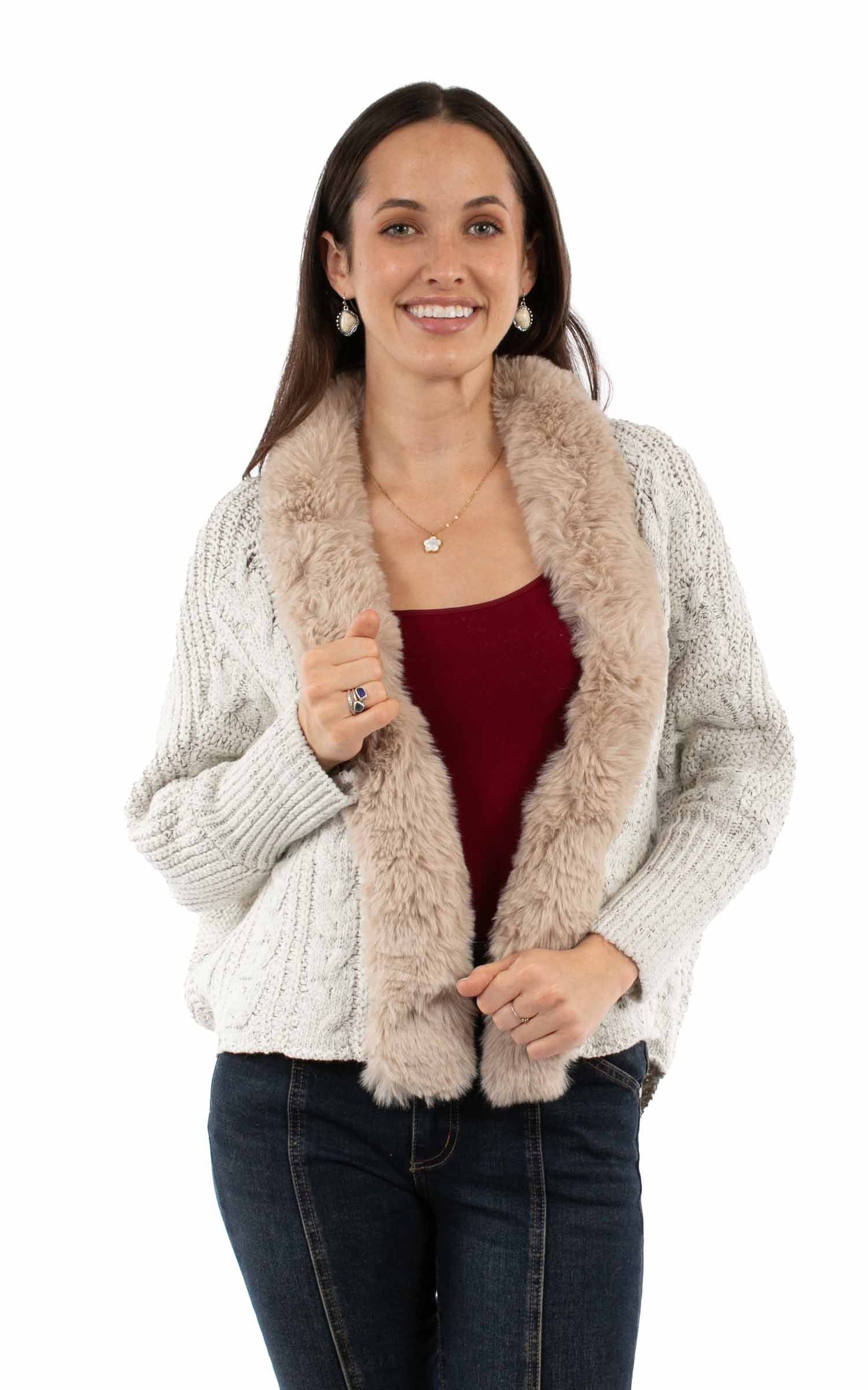 Lace Up Back Cardigan W/faux Fur Trm - HC969