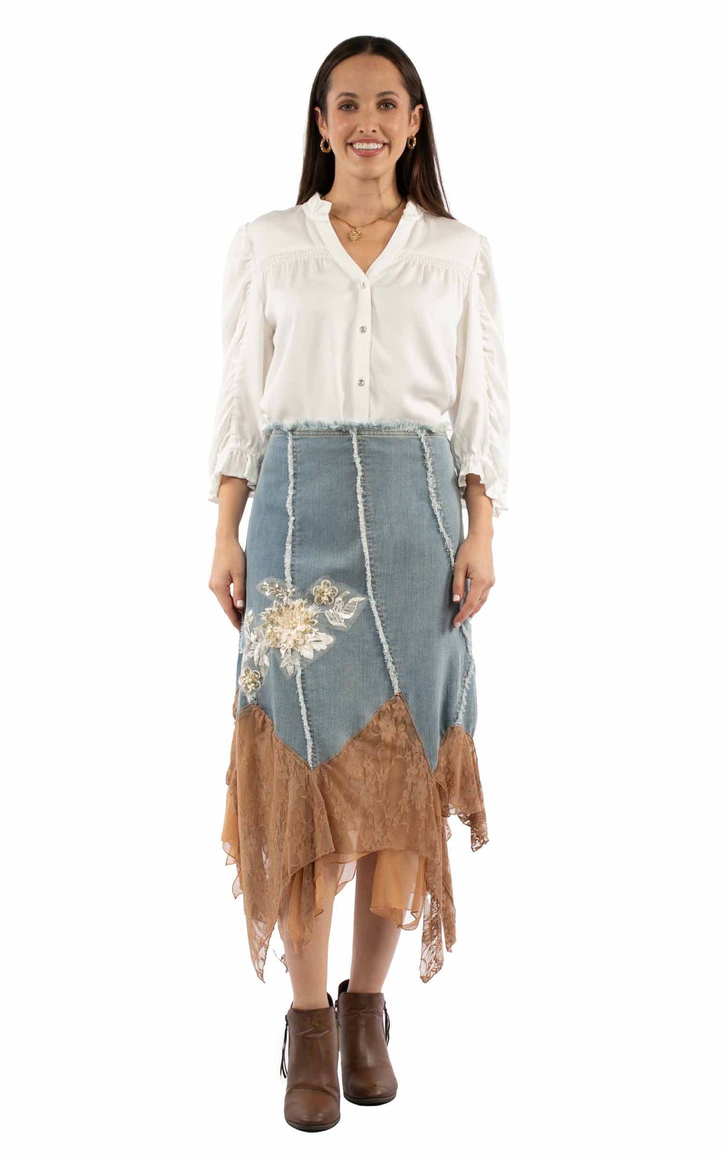 Denim Skirt W/applique & Lace - HC989