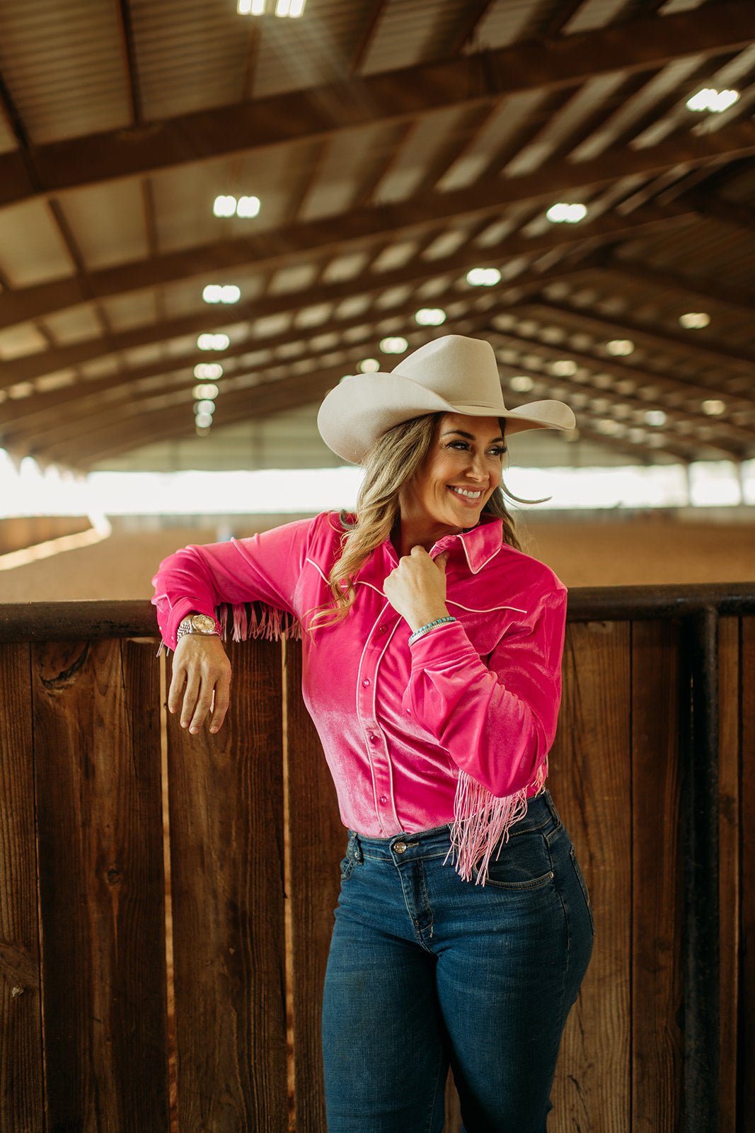 HOT PINK FRINGE VELVET PERFORMANCE RODEO SHIRT (ADULT)