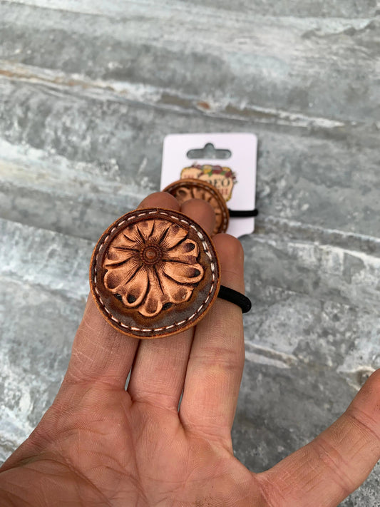 Hand Tooled Leather Hair-Tie with Sheridan Flower