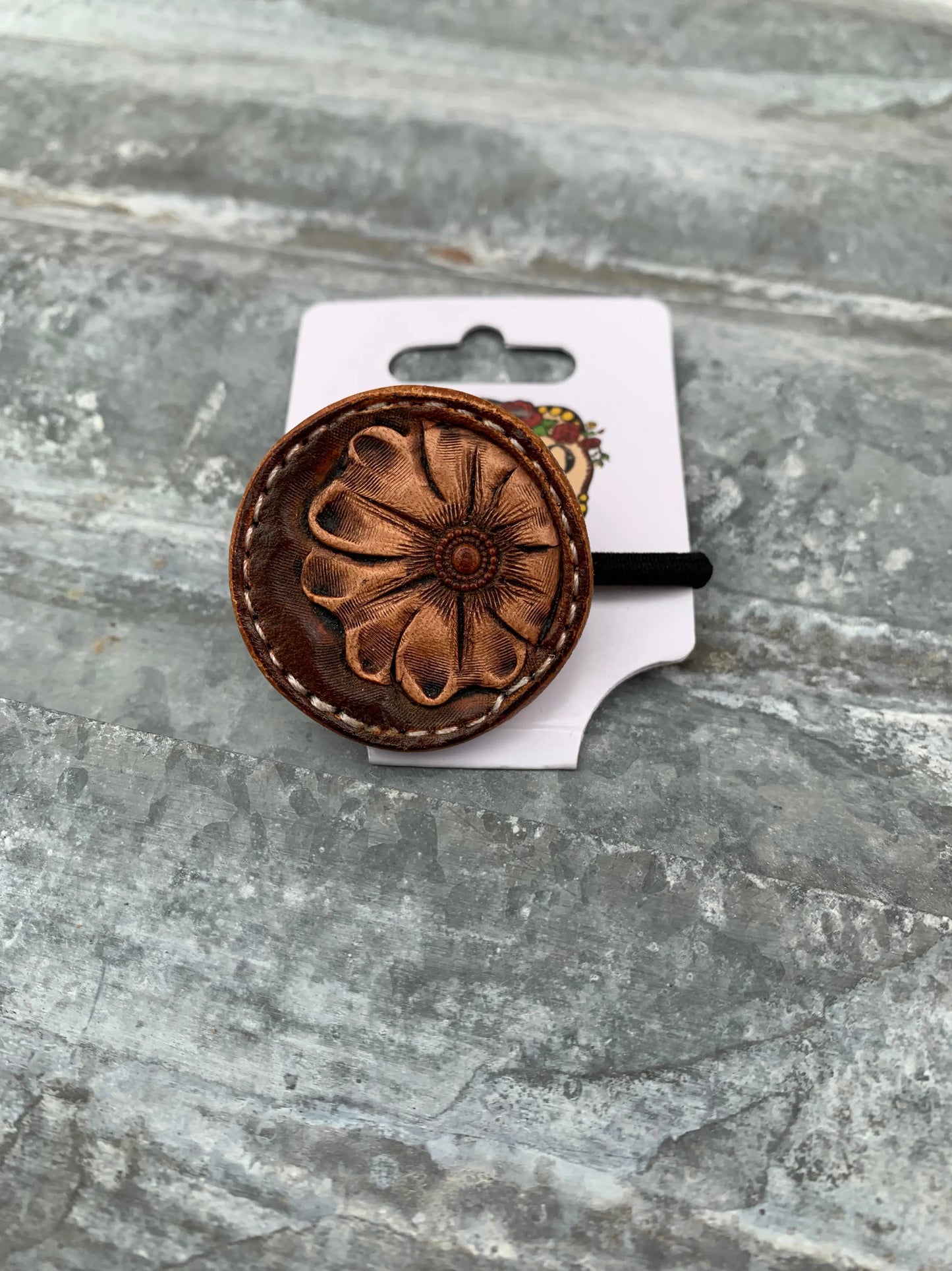 Hand Tooled Leather Hair-Tie with Sheridan Flower