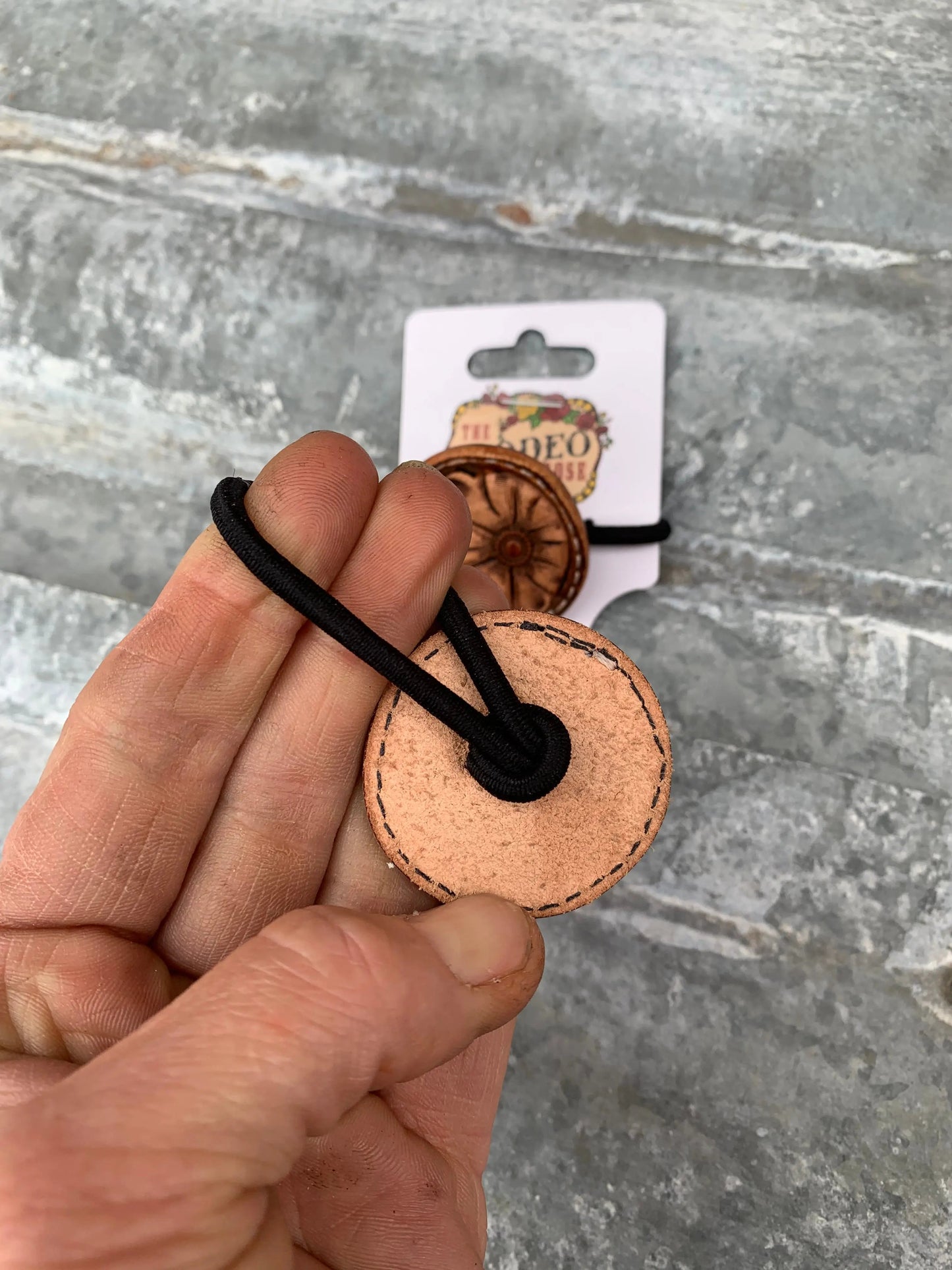 Hand Tooled Leather Hair-Tie with Sheridan Flower