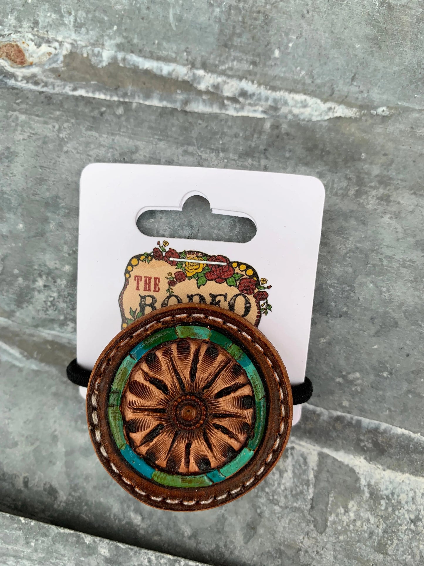 Hand Tooled Leather Hair-Tie with Floral and Turquoise Border