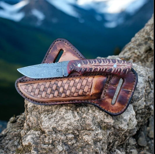 Rustic Cowboy Knife with Leather Case – Pine Cone Handle & Rasp Steel Blade