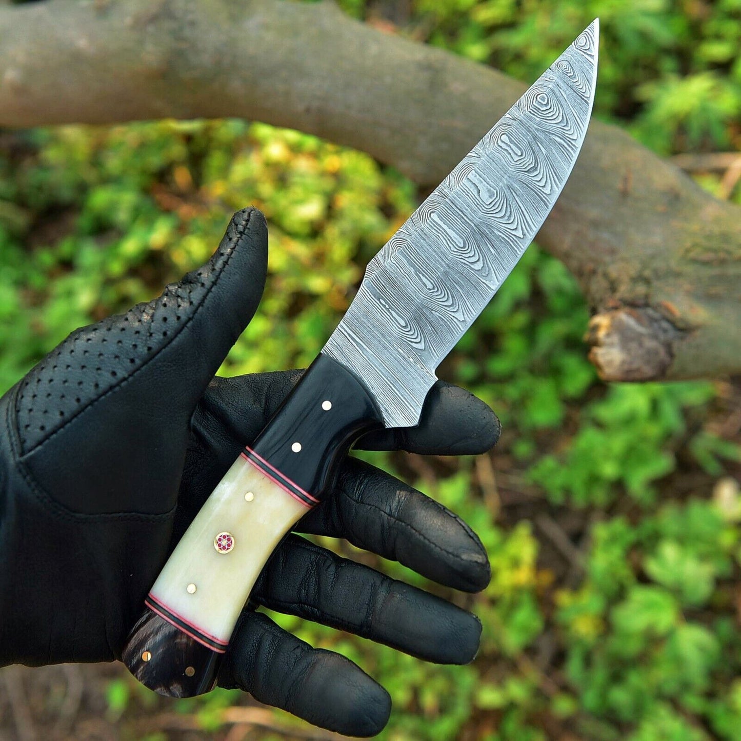 Custom Handmade Skinning Knife Set - 4.5" Damascus Blade, Camel Bone & Resin Handle