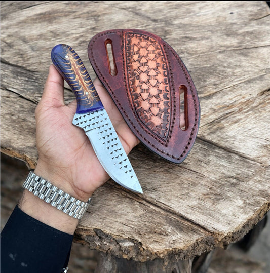 Handmade Cowboy Knife with Pancake Sheath – 10" Rasp Tool Steel Blade & Pine Cone Resin Handle