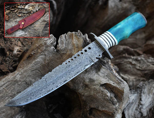Custom Handmade 13" Damascus Steel Civil War Bowie Knife with Camel Bone Handle and Leather Sheath