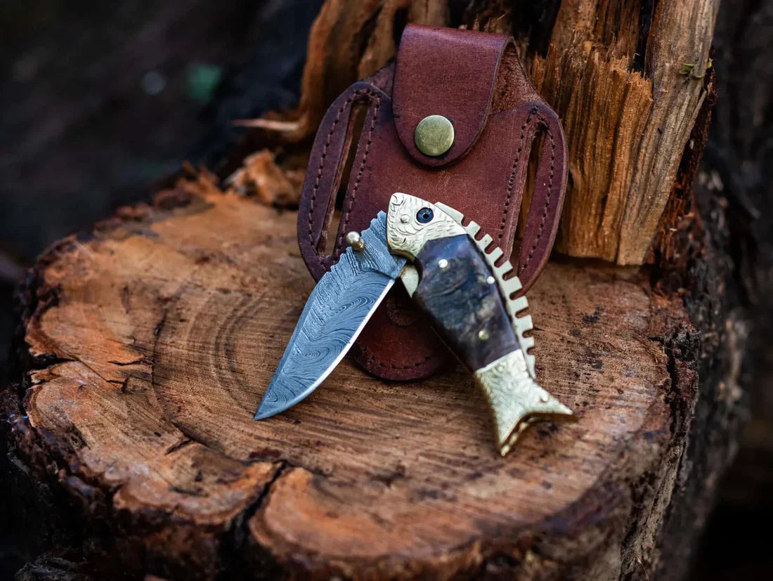 Custom Handmade Fish Style Damascus Steel Folding Knife with Sheep Horn & Brass Handle - Includes Leather Sheath