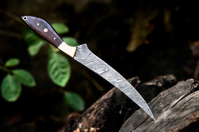Damascus Fillet Knife – 13" Rosewood Handle & Leather Sheath