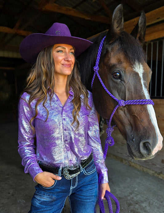 Lavendar & Silver Iridescent Stretch Lightweight Pullover Button Up