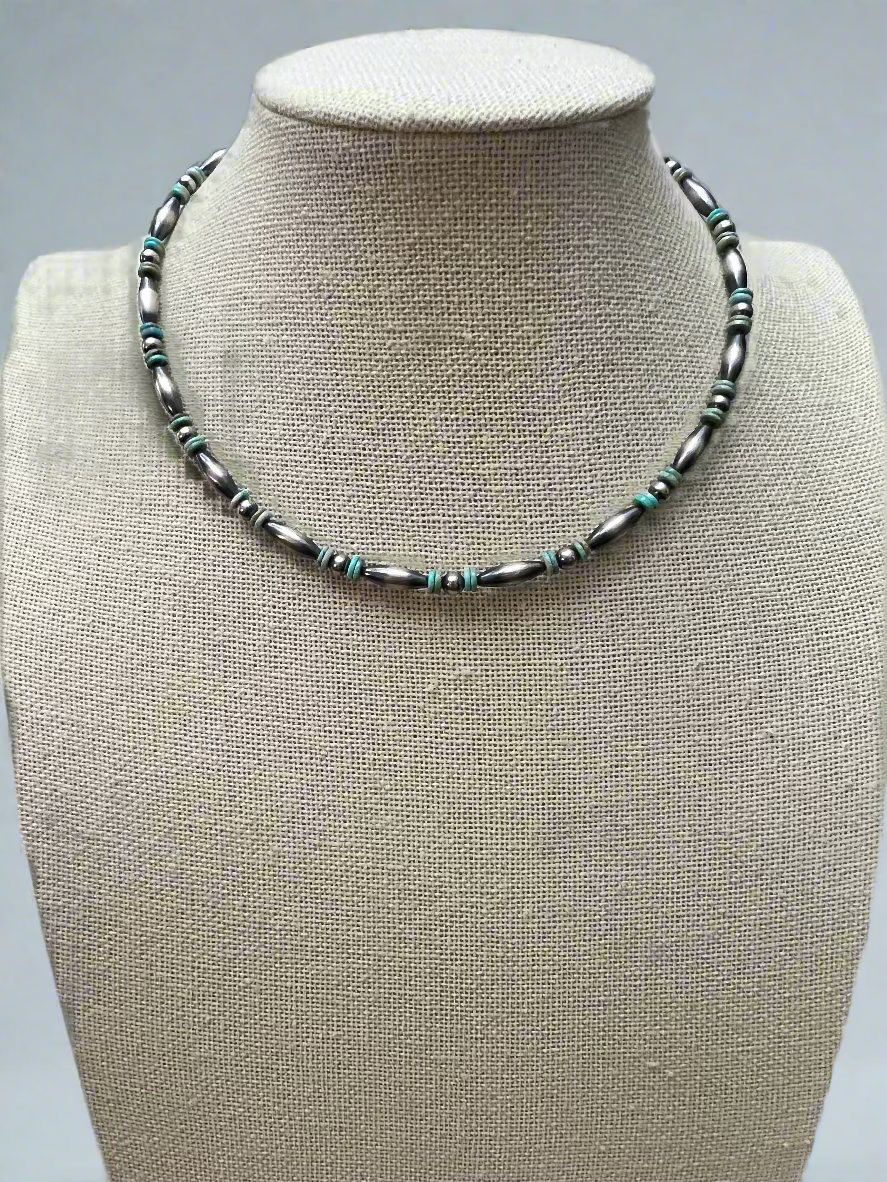 Sterling Melon & Turquoise Bead Choker - 14-inch