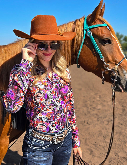 Multi Colored Paisley Stretch Midweight Jersey Pullover Button Up
