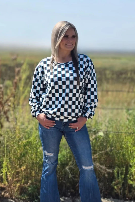 CHECKED IN TURQUOISE LONG SLEEVED TOP