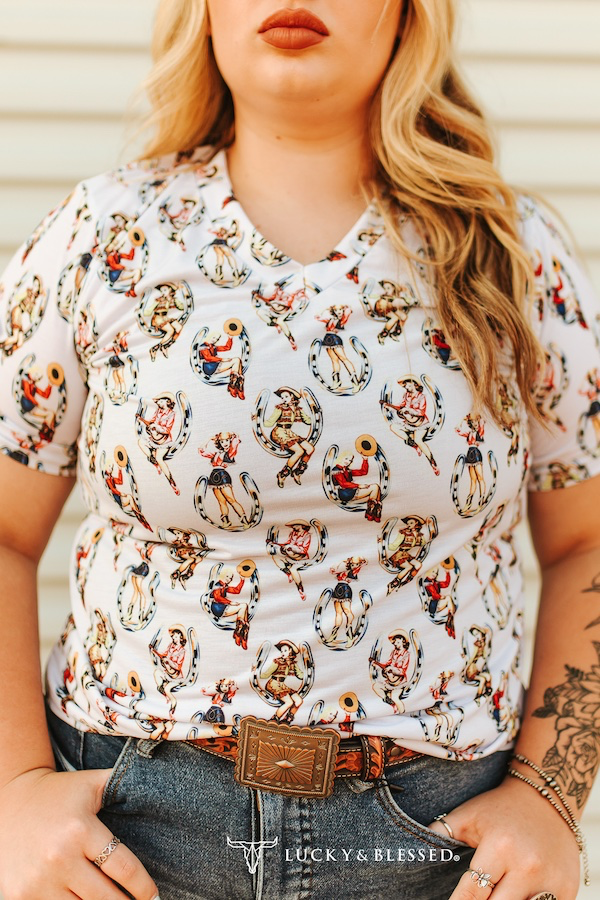 Lucky & Blessed Cowgirl Pinup Printed Roll Short Sleeve Top Plus Size