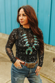 Lucky & Blessed Black Boot Stitch Bandanna Printed Long Sleeve Mesh Top Plus Size