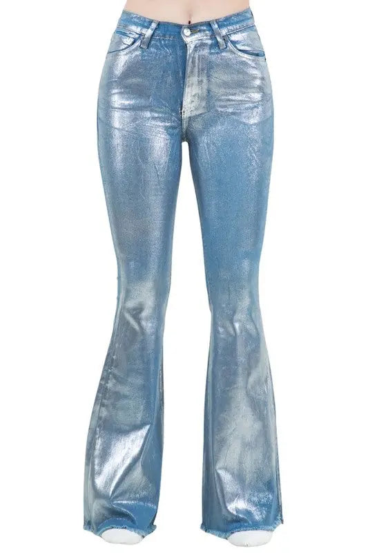 High Rise Metallic Blue Bell Bottom Jean -32" Inseam