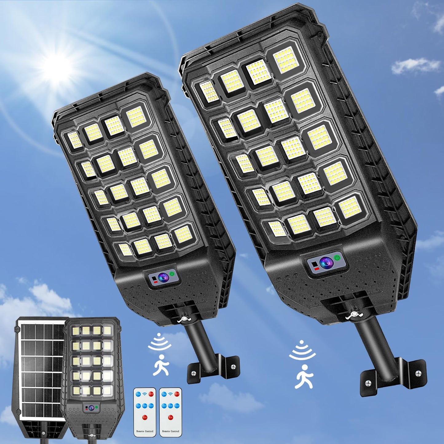2 Pack 1500W Solar Motion Lights Outdoor, 400 LED Parking Lot Lights Outdoor, IP65 Solar Street Lights Outdoor Waterproof