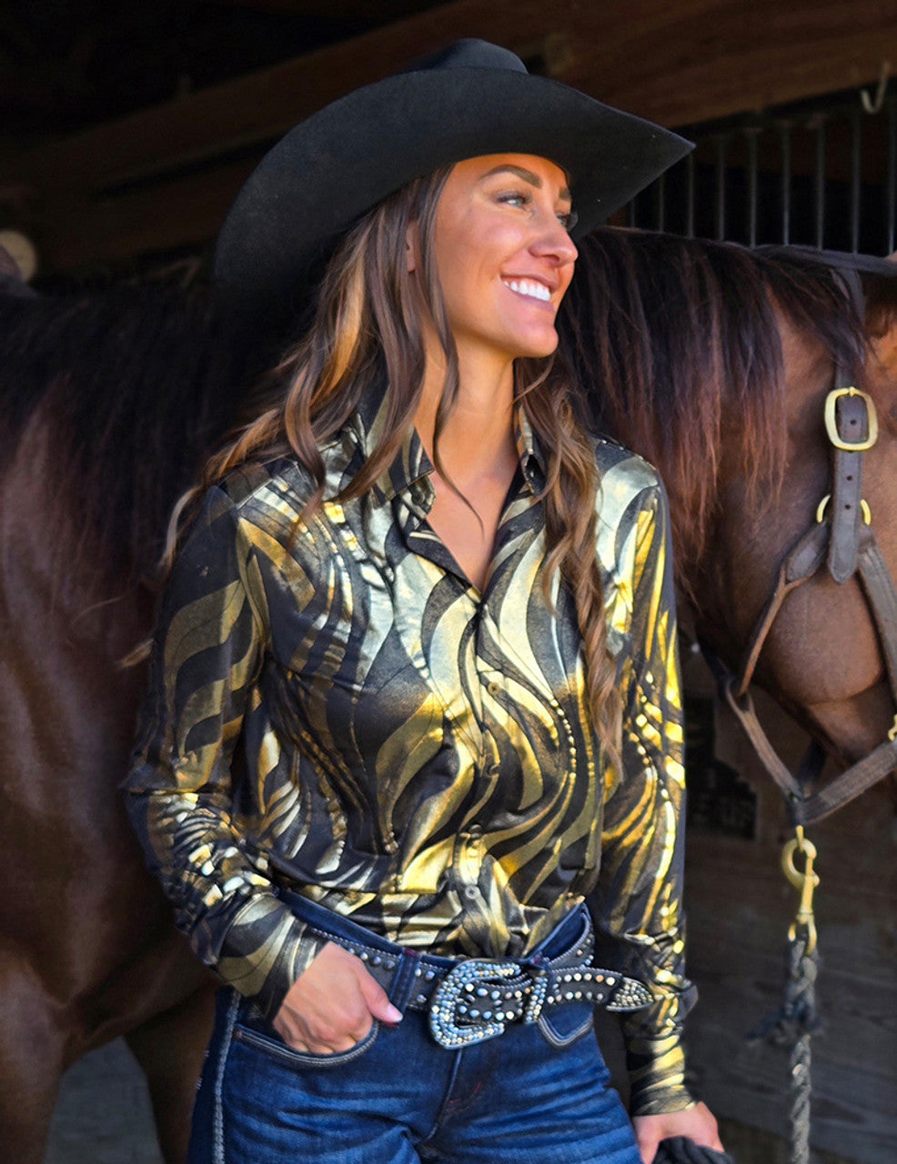 Gold & Charcoal Abstract Foil Pullover Button Up