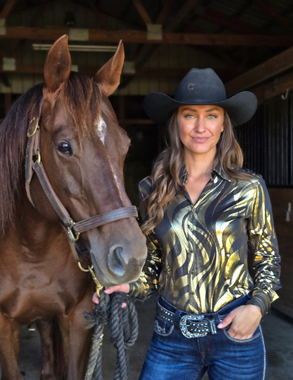 Gold & Charcoal Abstract Foil Pullover Button Up
