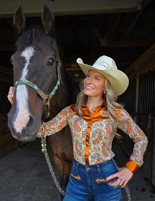 Copper Satin With Jersey Paisley Pullover Button Up