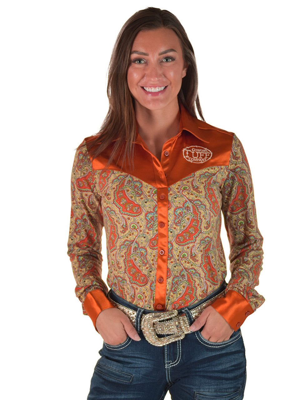 Copper Satin With Jersey Paisley Pullover Button Up