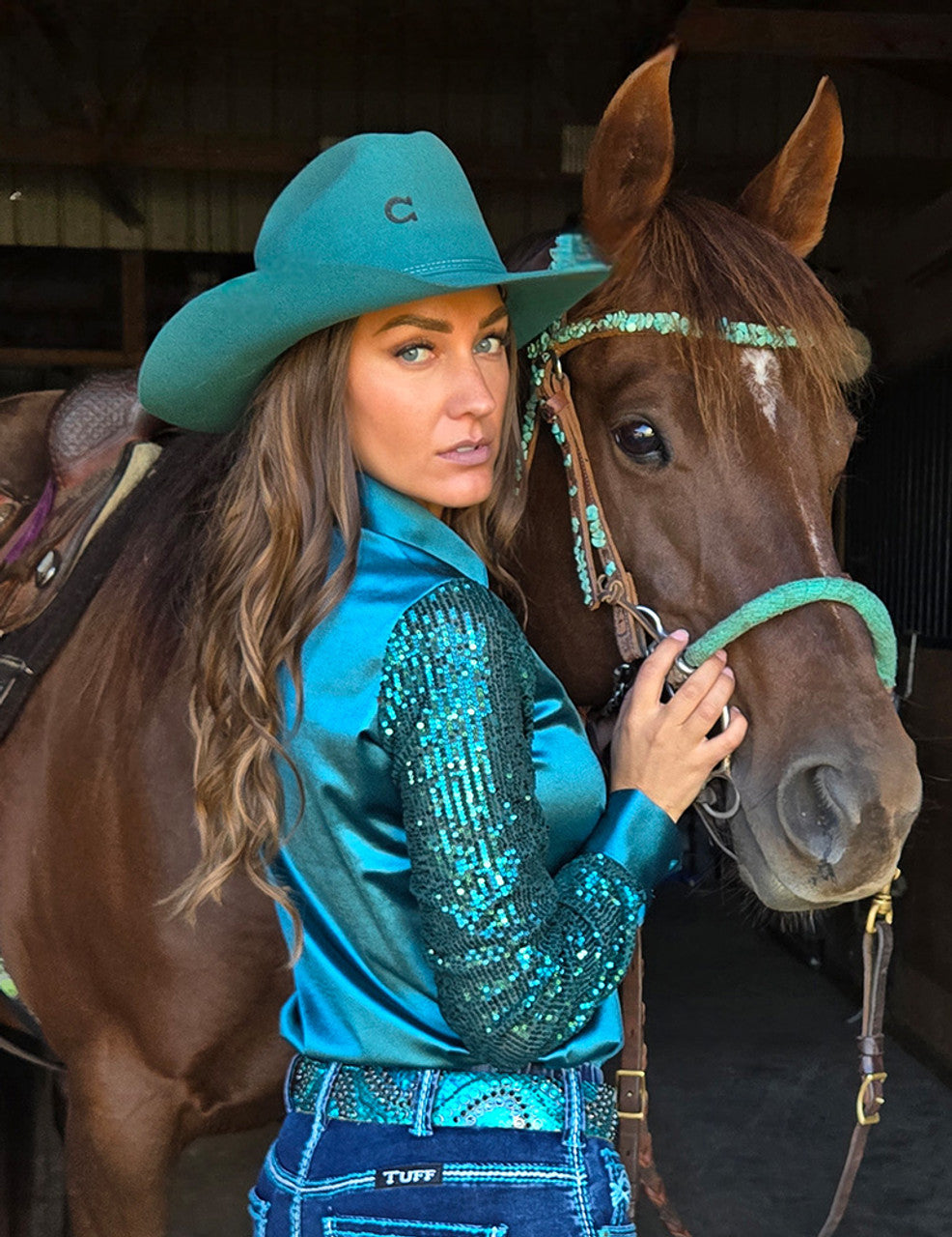Turquoise Satin With Sequin Sheer Sleeves Pullover Button Up