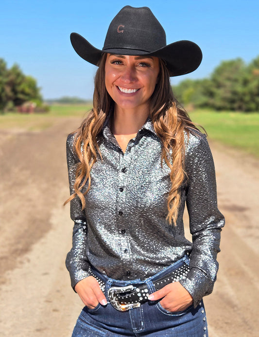 Chrome Shimmer Over Black Jersey Pullover Button Up