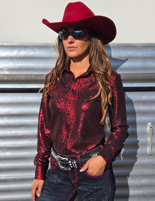 Red Shimmer Over Black Jersey Pullover Button Up