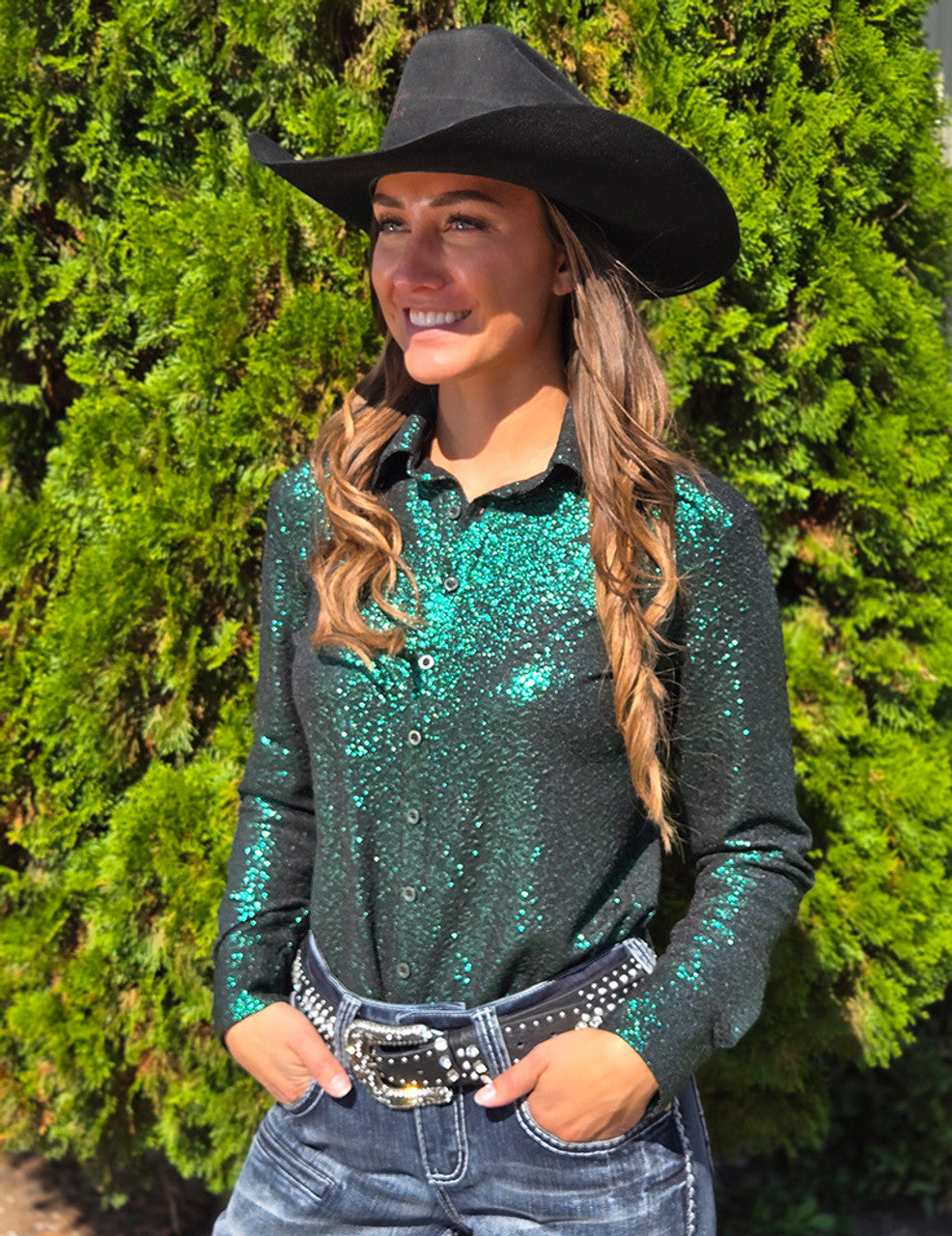 Lucky Green Shimmer Over Black Jersey Pullover Button Up